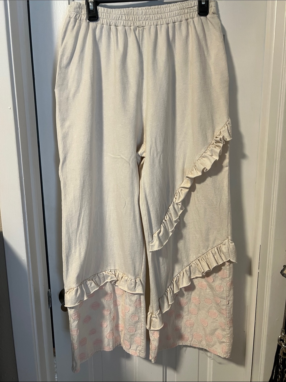 Womans Cream Ruffle Wide-Leg Pants